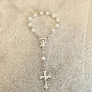 #564 Silver Tone and White Rosary Bracelet
